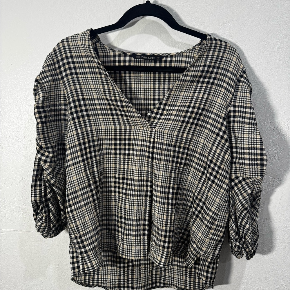 Zara Black and White Checkered V-Neck Blouse